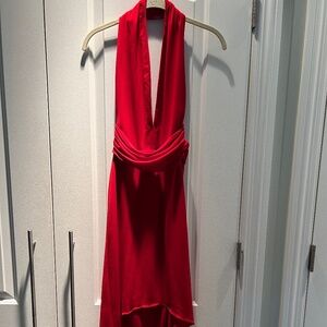 Laundry by Shelli Segal Deep V-Neck, Open Back, High-Low Hem Red Dress